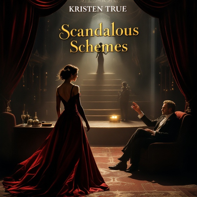 The cover captures a dramatic theatre scene; Nora in a deep crimson gown strides confidently in the foreground, her back to the viewer. Behind her, Henry's hand reaches desperately but is shrouded in shadow, reflecting his inner turmoil. The Duke sits languidly in his box with an open jewel box beside him, smirking toward Helen's elevated, glowing silhouette, holding opera glasses in the background. The whole setting is wrapped in rich textures, with gold and shadowy grey tones against the opulent theatre backdrop.