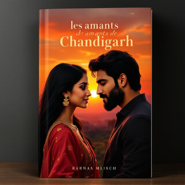 A young and beautiful Indian woman with long black hair wearing traditional Punjabi attire and Indian earrings stands face-to-face with a handsome Indian man. He has thick black hair and a well-groomed black beard. They are set against a vibrant Punjabi landscape featuring a mesmerizing sunset.