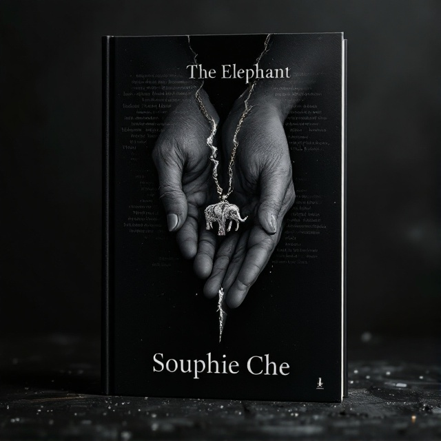 A mysterious dark background with faint text visible like mist. A bold, diagonal slash cuts through the page, from which a realistic hand emerges. The hand holds a small, intricately detailed elephant pendant that gleams subtly. The atmosphere is one of mystique and intrigue.