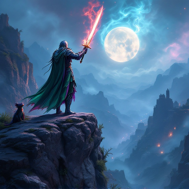 A dynamic scene depicting a valiant dragon knight standing on a rocky cliff, overlooking a sprawling, enchanted landscape. The dragon knight, clad in shimmering, ancient armor with green and purple hues, holds a glowing sword aloft as a faint moon casts subtle blue and red shadows. Wisps of magical smoke intertwine through the scene, lending an air of mystery and adventure. In the background, a comical companion—a quirky, small dragon—peeks out playfully from behind a cliff.