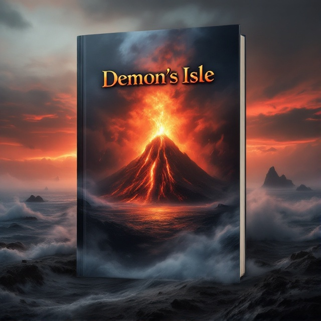 A dramatic scene featuring an erupting volcano with glowing lava trails surrounded by a mysterious, dense fog. The ocean is visible in the background, capturing the meeting of fire and water, while subtle silhouettes of distant islands punctuate the horizon. The sky is a tumultuous mixture of red and gray, reflecting the volcanic eruption and blending seamlessly with the fog.