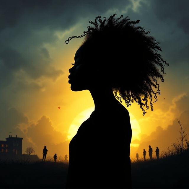 A silhouette of a 17-year-old black girl, standing tall with a serene expression, is set against a background that transitions from dark storm clouds to a bright, warm sunrise. Her posture exudes strength and confidence, with strands of her hair subtly forming imagery of chains breaking, symbolizing liberation. In the background, faint outlines of a school, a heart, and a few shadowy figures, representing her past challenges, are dissipating into thin air, while she stands in the foreground bathed in the light of the rising sun. The overall palette is a blend of deep blues, grays, and vibrant yellows.