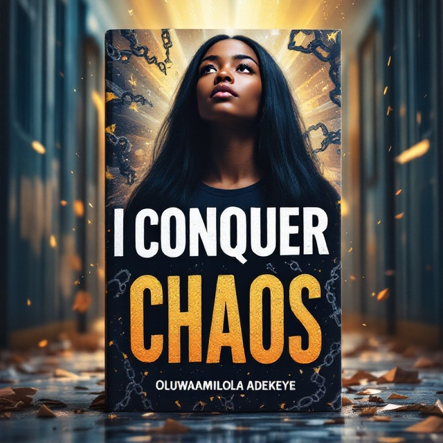 standing book mockup, Its title is "I CONQUER CHAOS". Its author name is Oluwadamilola Adekeye.  The cover features a powerful central image of a 17-year-old black girl standing tall against a backdrop of a chaotic school corridor, symbolizing her past struggles. Her straight jet-black hair flows naturally as she gazes upward with a serene expression, representing resilience and growth. Around her, subtle silhouettes of a broken chain, fading away, portray the release from her past troubles, while rays of light beam down, emphasizing hope and happiness. The color palette employs deep blues and purples with splashes of gold to evoke emotions of toughness and transformation. The book title, "I CONQUER CHAOS," is showcased in bold, uppercase letters with a distressed texture to indicate the struggles faced and overcome. The font chosen is a modern serif with sharp angles to convey strength and sophistication. The author’s name, Oluwadamilola Adekeye, is in smaller, elegant cursive, in white, placed at the bottom., The cover layout places the girl centrally, flanked by the title above her head. The background showcases fading images of a school and broken chains, blending into the vibrant hues of light and darkness. The title is aligned at the top, and the author’s name is modestly at the bottom, all elements occupying their unique space while drawing the eye effortlessly across the design.