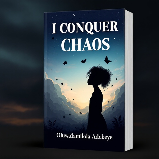 The cover features the silhouette of a 17-year-old black girl standing tall against a twilight sky. The background transitions from dark, stormy clouds at the bottom to a clear, serene sky at the top, symbolizing her journey from chaos to calm. The girl is positioned slightly to the left, looking over her shoulder with a serene expression, as subtle imagery of books and leaves float in the background, representing knowledge and growth.