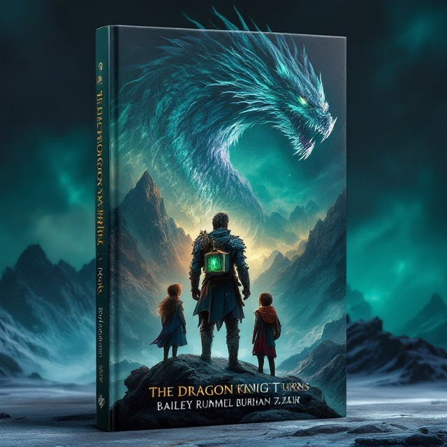 A dramatic scene featuring a menacing demon looming over a jagged mountain peak. In the foreground, a massive, majestic dragon stands powerfully poised, its scales shimmering in shades of green and purple. At the center, a courageous knight is depicted with a small, intricately detailed box strapped to his back, surrounded protectively by two boys and a girl, all dressed in adventurer attire. The background fades into a mystical blue-green aura, adding depth and adventure to the scene.