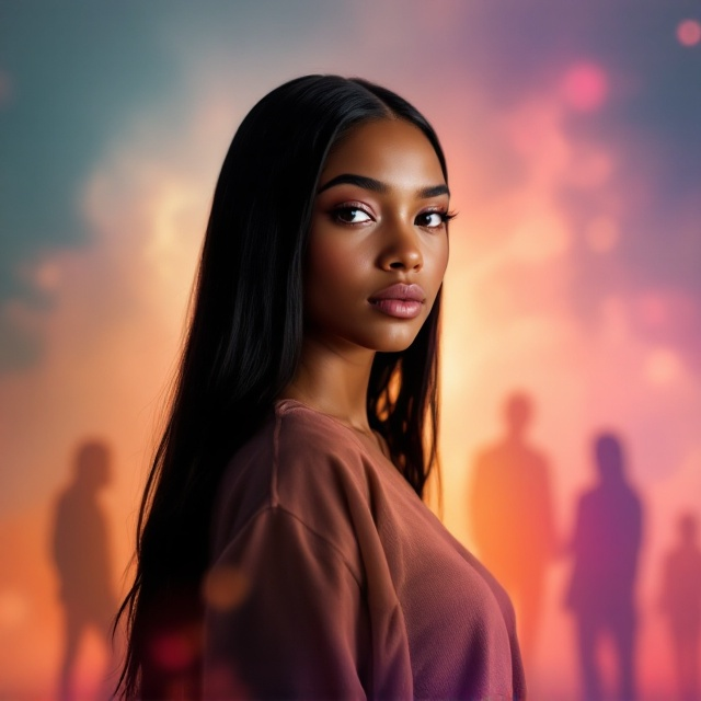 On the cover, a strong and resilient 17-year-old mixed-race girl with straight jet-black hair stands confidently in the foreground, her expression serene yet determined. Her golden brown skin glows under soft, diffused light. Around her, ghostly silhouettes of past memories—symbolizing former friends, a toxic ex-boyfriend, and a stern teacher—fade into the background, symbolizing her letting go. The background is a soft gradient of transitioning colors from deep blues and purples to warm oranges and pinks, symbolizing the journey from sadness and hardship to growth and happiness. Her eyes meet the reader's, inviting them into her story.
