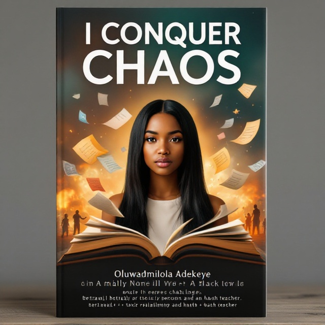 The cover features a 17-year-old black girl with straight jet-black hair and golden caramel skin tone. She stands confidently in the center, looking directly at the viewer, with a subtle but determined expression. Behind her, there is an artistic depiction of an open book from which pages are flying away, symbolizing the challenges she's leaving behind. The background gradually transitions from darker tones at the bottom, representing her struggles, to lighter, hopeful shades at the top, symbolizing growth and happiness. Faint silhouettes of figures representing betrayal, a toxic relationship, and a harsh teacher fade into the background.