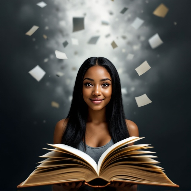 The cover features a golden caramel-skinned 17-year-old girl with straight jet-black hair, standing prominently in the foreground. Her expression is a mix of resilience and a hint of a smile, symbolizing strength and growth. Her gaze is direct and engaging, reflecting her confidence. Behind her, an open book is positioned with pages detaching and flying into the sky, suggesting her past challenges fading away. The background transitions from a darker shade at the bottom to a lighter one at the top, symbolizing a journey from turmoil to peace.