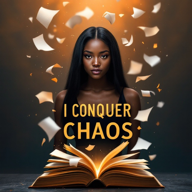 A striking cover featuring a 17-year-old Black girl with straight jet-black hair and golden caramel skin. She stands with a confident and resilient posture, facing the viewer. Surrounding her, pages appear to peel away and float upwards from an open book set at her feet, symbolizing her past challenges fading into the background. The background is a soft gradient transitioning from darker tones at the bottom to lighter, hopeful hues at the top, suggesting growth and moving forward.