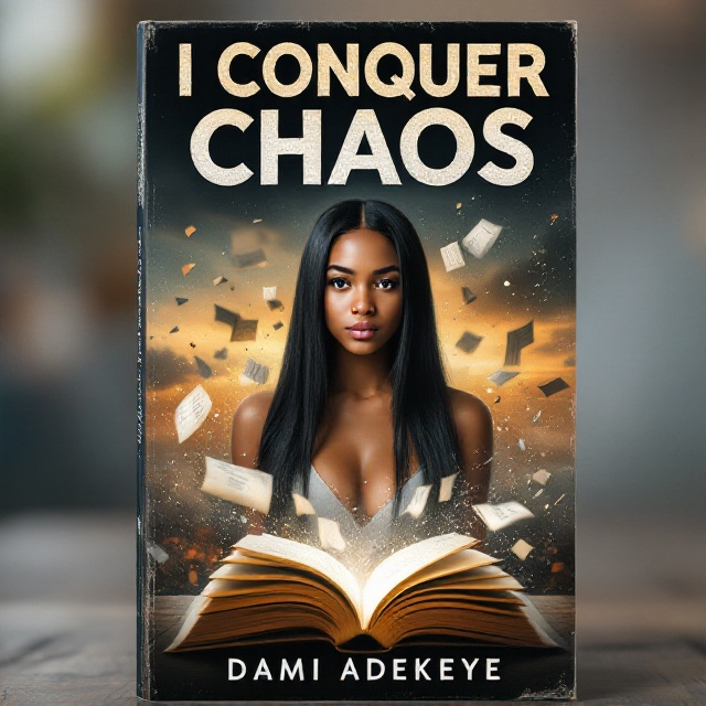 The cover features a 17-year-old girl with straight jet-black hair and golden caramel skin standing confidently in the center. She gazes directly at the viewer with a look of strength and determination. Behind her, an open book is positioned at her feet with pages dramatically flying away, symbolizing her past. The background transitions from a dark, chaotic scene representing her struggles, gradually fading into a serene, light-filled sky to signify her growth and resilience.