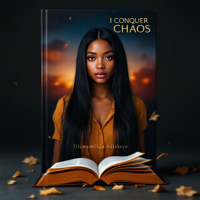 The cover features a striking image of a 17-year-old girl with straight jet-black hair and golden caramel skin. She's standing tall, looking directly at the viewer with a resolute expression. Behind her, an open book lies on the ground with its pages caught in the wind, symbolizing past memories fading away. The background gradually shifts from darker tones at the bottom, representing past struggles, to lighter, more vibrant hues at the top, reflecting hope and resilience.