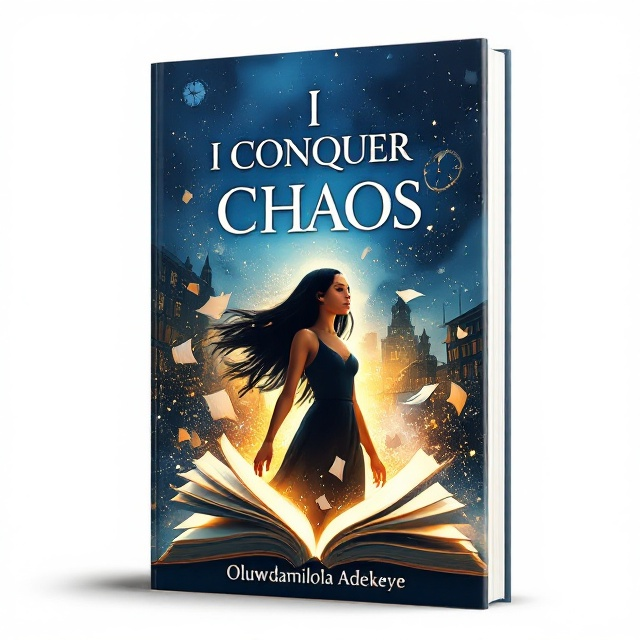 The cover features a 17-year-old girl with straight jet-black hair, her expression reflecting confidence and inner strength. She is in motion, walking away from an open book with pages flying behind her. These pages fade into an ethereal mist, symbolizing her past challenges fading away. Her golden caramel skin glows subtly against a deep blue and gold background, which blends with the abstracted images of a school, faint silhouettes of people, and a fading clock face.