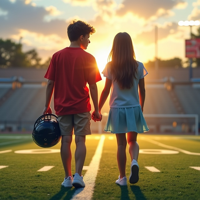 Two teenagers, a boy and a girl, are featured on the cover. They are walking hand in hand on an American football field. The boy is dressed in sporty attire, likely a football jersey with his helmet tucked under his arm, and athletic shoes. The girl wears a dance costume, perhaps a flowing dress with dance flats. The field is vibrant with green turf, white yard lines, and stadium lights in the background, suggesting late afternoon or early evening. Their expressions convey warmth and affection, creating a tender, romantic atmosphere.