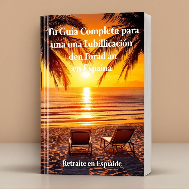 A picturesque scene of a serene Spanish beach at sunset, with golden hues illuminating the sand and water. Palm trees sway gently in the foreground, casting soft shadows. A pair of comfortable lounging chairs sit empty, inviting the reader to imagine themselves there, relaxed and at peace. The sky is a gradient of warm colors that transitions gently from orange to deep red.