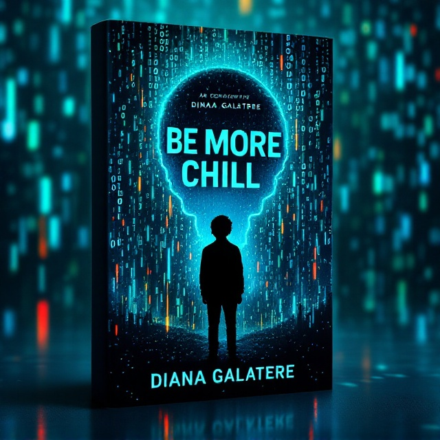 The cover features a stylized silhouette of a teenage boy standing with an unclear face, encapsulated in an enigmatic glow, suggesting a mix of curiosity and apprehension. Surrounding him, the background is filled with cascading binary code in various shades of blue and green, giving the illusion of a digital rain. Bright streaks of red and yellow cut through the binary, symbolizing the intrusion of the AI. Shadows and highlights create a dynamic tension between the character and the background, adding a sense of urgency and movement.