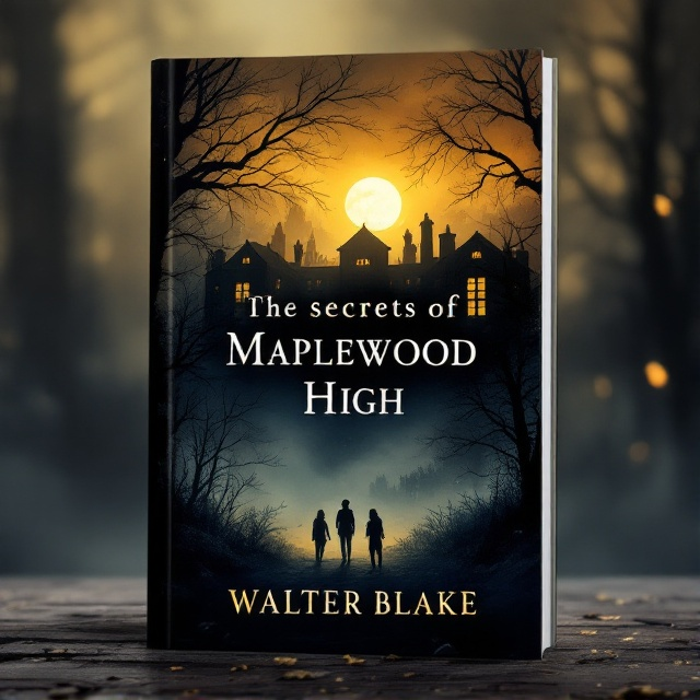 A dramatic and mysterious illustration of Maplewood High, partially obscured by an early morning fog, with silhouetted trees and the hint of a rising sun casting a golden hue on the school's facade. Shadows of teenage figures can be seen climbing or standing nearby, suggesting clandestine activities and adventure.
