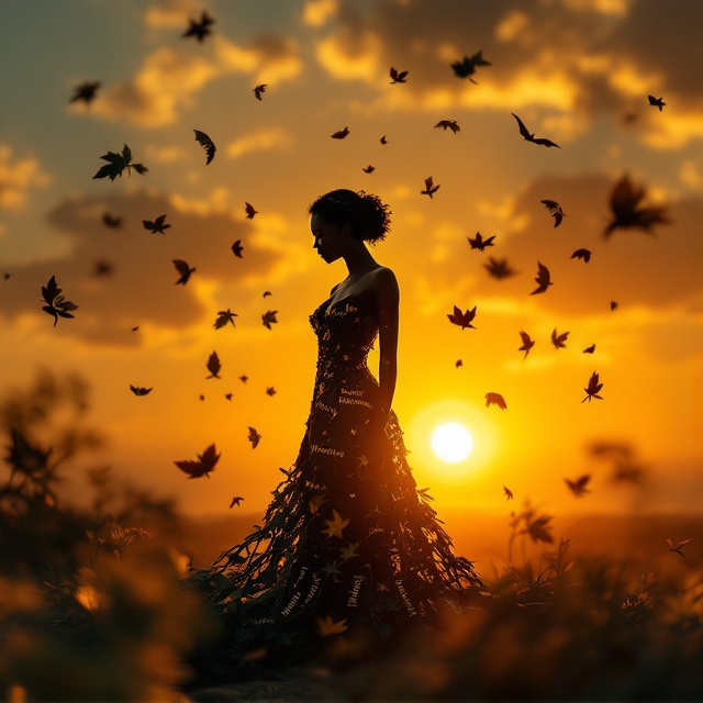 A captivating scene featuring a silhouette of a woman standing resiliently, wearing a dress made of intricately woven leaves. Some leaves are gently falling around her, each containing empowering words like 'Unworthy', 'Entrusting', 'Unqualified', among others. The backdrop is a glorious sunset, with hues of gold and orange, casting a warm, empowering glow over the scene.