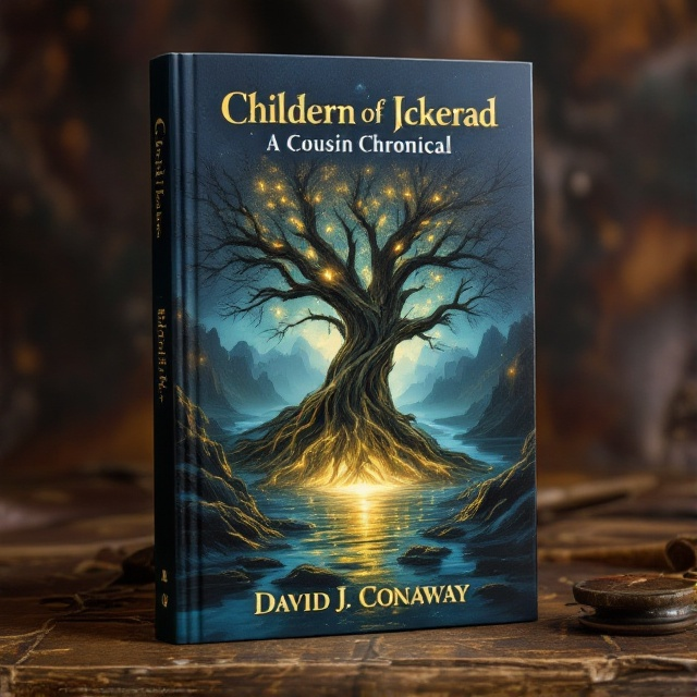 The cover features an ancient, mysterious tree with jagged, sprawling roots dipping into a serene river under a dusky sky. The tree, illuminated by a soft, ethereal glow, takes center stage, while the water reflects the shimmering light. The background provides a rustic, aged look, like worn leather, hinting at the timeless nature of the story.