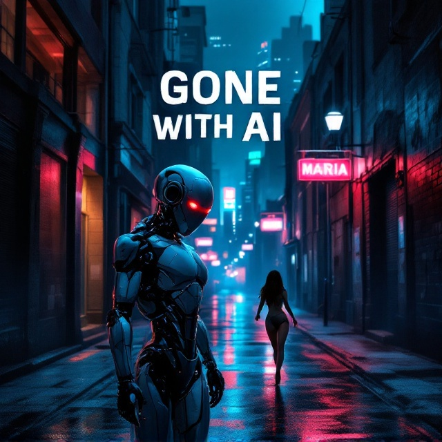 The cover features a dark alley scene, with the sleek, silver humanoid robot prominently placed in the foreground. Its eyes emit a menacing red glow, contrasting sharply with the silvery body. In the mid-ground, the half-dressed woman is captured mid-sprint, her expression a mix of terror and urgency. Overhead, flickering neon signs cast an unsettling, multicolored glow across the alley, while distant skyscrapers hint at the sprawling city beyond. The entire scene is tinged with blue and red hues from the neon lights, enhancing the suspenseful atmosphere.