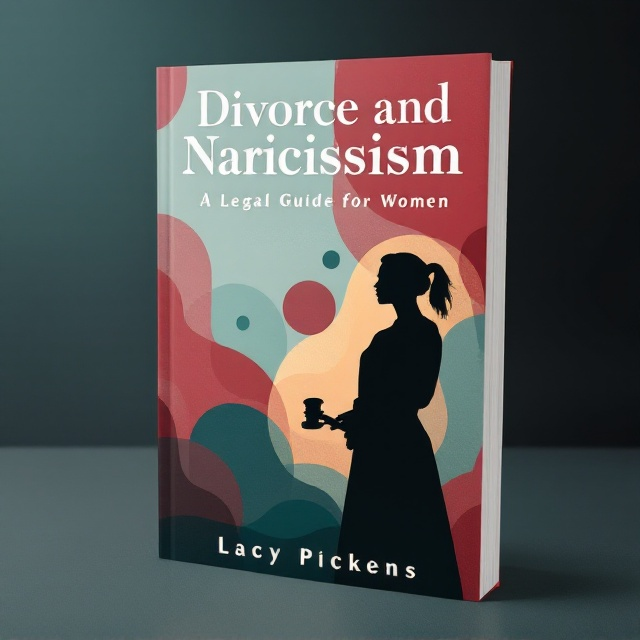 A strong, confident silhouette of a woman stands in the foreground with a judge's gavel in hand, subtly symbolizing empowerment and legal authority. In the background, abstract geometric shapes in muted colors flow smoothly, representing the complexity of emotions and situations in divorces involving narcissism. The entire composition is framed by a gradient border that shifts from deep maroon to teal, indicating a transition from turmoil to peace.