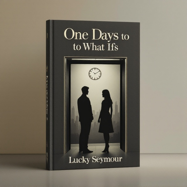 Two silhouettes, a male and female, stand apart inside a dimly lit elevator with open doors; outside the doors, a faint cityscape is visible. The elevator's interior is marked by a subtle clock motif on the wall, and muted tones create a sense of intimacy and longing, conveying emotions of lost love and vulnerability.