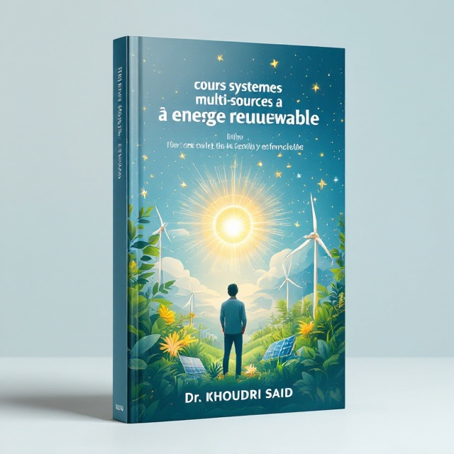 The cover features a dream-like illustration of a man standing at the center, gazing upward, envisioned in a serene manner. He is surrounded by symbols of renewable energy like wind turbines, solar panels, and green leaves, arranged in a spiral around him. Golden rays of sunshine emanate from the man's head, blending into the soft blue gradient background, symbolizing enlightenment and sustainability.