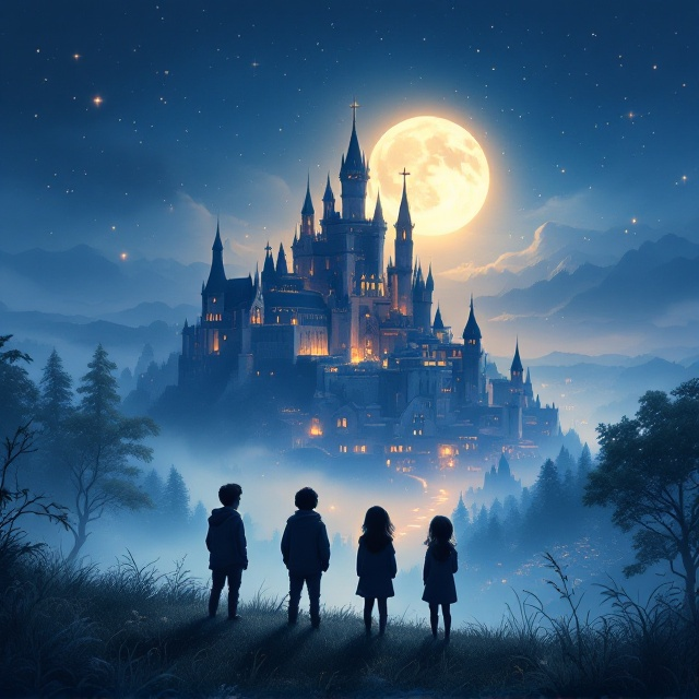 Silhouetted figures of four kids stand on a grassy hill in the foreground. They gaze upon a magnificent medieval town bathed in twilight, with a towering, enchanted castle at the center, glowing softly under the moonlight. Wisps of fog lap at the edges of the town, and stars scattered throughout the deep, rich blue sky add a sense of wonder and mystery.