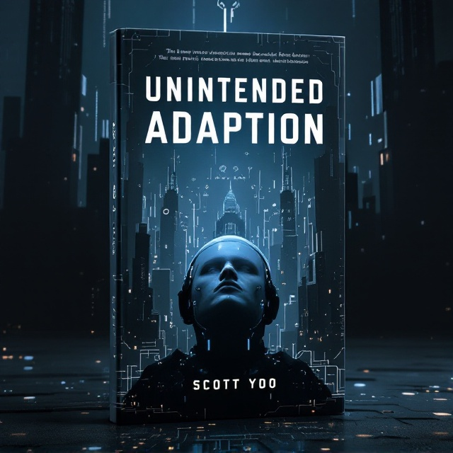 A stark, futuristic cityscape dominated by towering AI-themed structures, with elements like circuits and gears subtly blended into the skyline. In the forefront, a single figure, a humanoid with a half-human, half-machine visage, gazing upwards as data streams flow across the sky. The background uses a gradient from dark blue to ominous black, with flickers of white digital code throughout.
