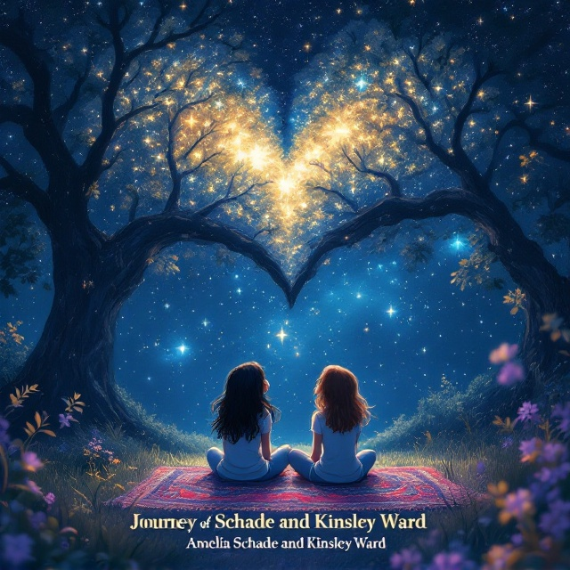 A serene night scene under a large, heart-shaped tree with spreading branches. A vibrant starry night sky fills the background, swirling with deep blues and purples. Two girls, one with black hair and the other with brown, sit cross-legged on a colorful woven rug. They gaze upward at the stars, their faces illuminated softly by the moonlight, underscoring their expressions of hope and melancholy. Subtle textures of leaves and stars add depth, creating a dreamlike atmosphere.