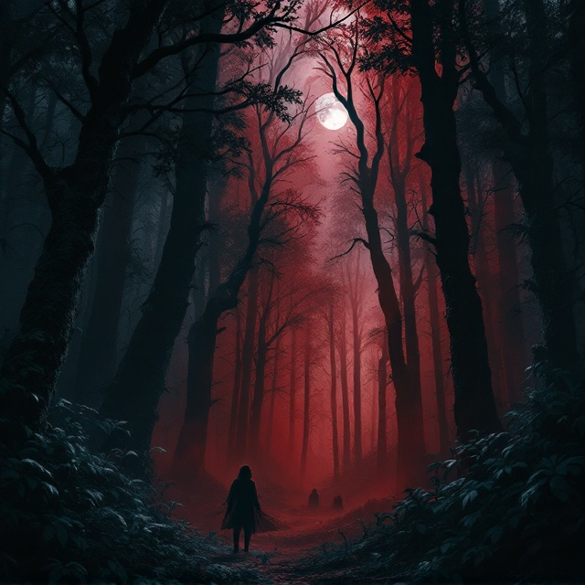 Dense, towering trees fill the majority of the cover, their trunks dark and gnarled. Blood-red mist weaves through the trees, casting an eerie glow over the scene. In the background, shadows suggest hidden creatures lurking, their eyes barely visible. The moon peeks through the dense canopy, casting a silvery sheen that contrasts with the deep red mist.