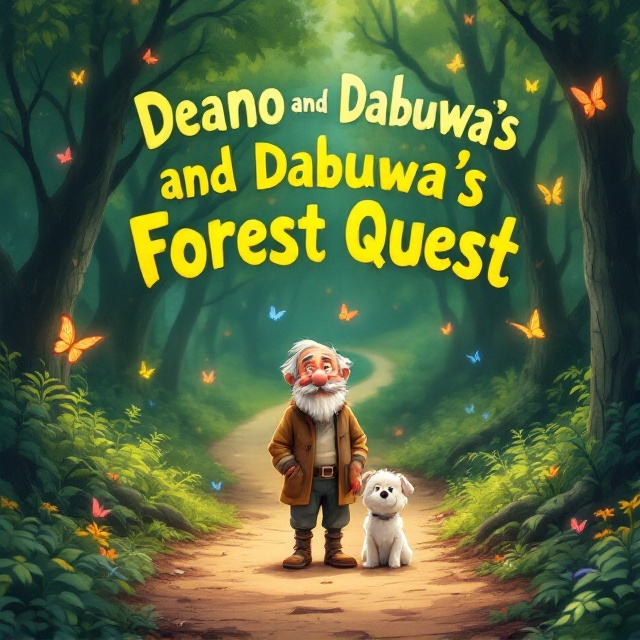 An enchanted forest is depicted in the background with lush green trees and colorful butterflies fluttering. At the foreground, an old man with a small white beard and mustache stands alongside a small white dog on a dirt path leading into the forest. The forest path is winding and mysterious, reflecting an adventurous trail. The illustration is done in a whimsical, cartoonish style, with bright and vivid colors to appeal to young children.