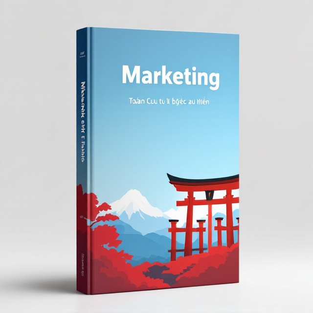 The cover features a minimalist design with a stylized silhouette of iconic Japanese architecture, such as a red torii gate, against a serene blue sky backdrop. A subtle world map in the background symbolizes the global reach of marketing. The combination of red and blue creates a harmonious balance, capturing both the energy and professionalism of marketing.