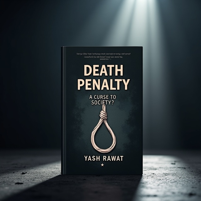 A dark, somber background with an image of a symbolic, abstract silhouette of a gavel forming a shadow resembling a noose in the foreground. Subtle, muted colors emphasize the grave theme, while light beam effects create an atmosphere of tension and reflection.