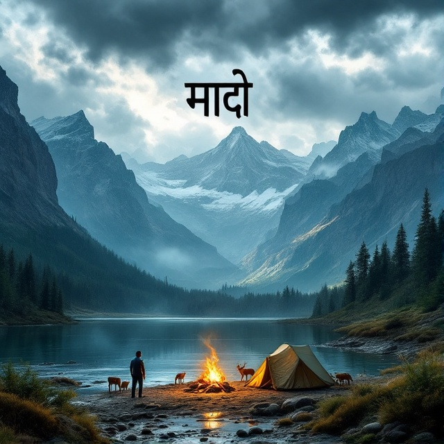 A dramatic mountainous landscape dominates the background, featuring rugged peaks and dense forests. In the foreground, a lone man is seen camping by the riverside, with a tent and a small fire. A herd of wild animals, like deer or antelope, graze nearby. Overhead, dark storm clouds threaten, adding tension to the scene.