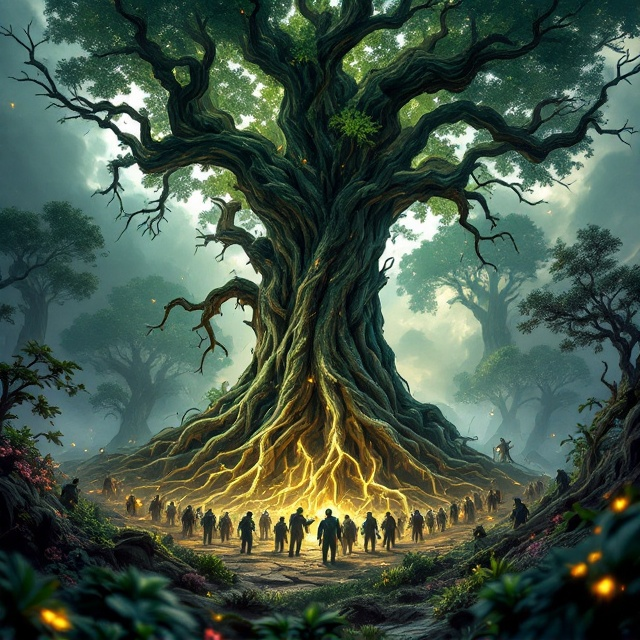 A dynamic scene featuring ancient, towering trees with gnarled branches, their bark textured to evoke a sense of age and wisdom. These trees are animated, with their roots moving like tentacles across the ground. In the foreground, a group of humans, armed with technology, face off against the vibrant and animated forest. The sky is a mix of dark stormy clouds and muted sunlight, creating a sense of tension and impending conflict. Shadows and light play dramatically across the scene, emphasizing the clash between nature and technology.