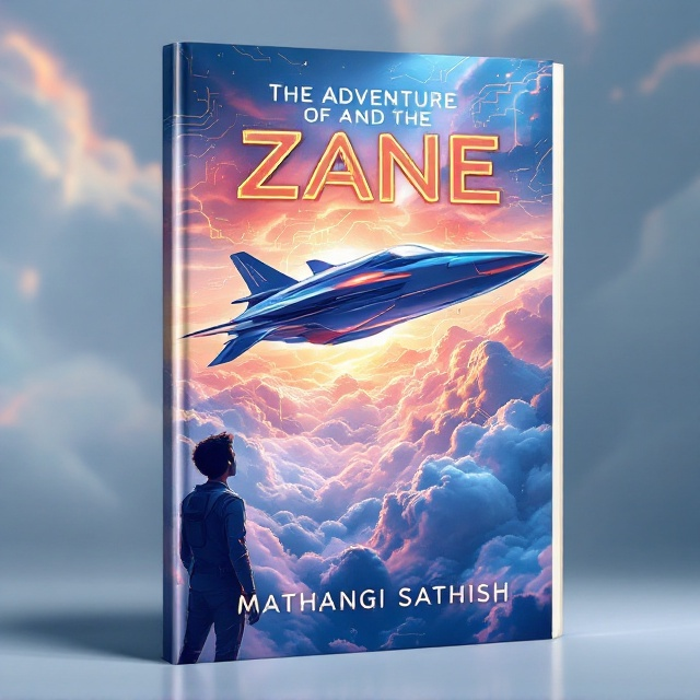 The cover features an expansive sky filled with swirling, vibrant clouds, tinged with hints of futuristic digital circuitry patterns woven subtly into the sky. A sleek, advanced skycruiser, with contours reminiscent of both aircraft and spacecraft, soars through the air. The skycruiser is crafted with smooth, metallic surfaces reflecting a soft bluish hue, conveying both speed and sophistication. In the foreground, a silhouette of Zane, a young adventurer in tech gear, looks towards this marvel with a mixed expression of awe and determination, hinting at their upcoming adventures.