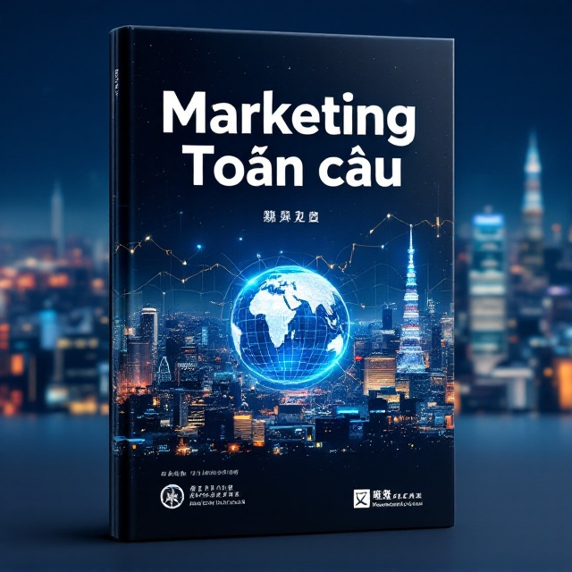 The cover features a panoramic view of a global cityscape at night with illuminated skyscrapers, blending famous landmarks from Tokyo and other major cities around the world to emphasize the theme of globalization. A subtle overlay of financial graphs and stock market indicators runs across the middle, creating a dynamic connection between the city lights and the financial elements. In the foreground, a transparent globe with glowing network lines illustrates the idea of global marketing and connectivity.