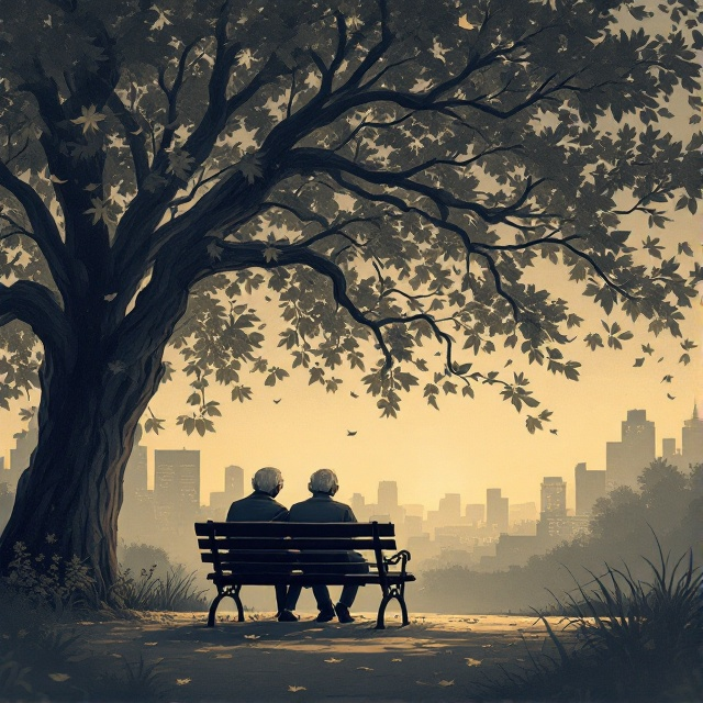 A sepia-toned, vintage illustration of an elderly couple sitting on a park bench under a large, sprawling tree with leaves that appear to be turning into pages of a book gently drifting in the wind. The background fades into a soft-focus cityscape at dusk, adding a melancholic yet romantic atmosphere.