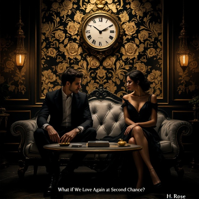 A dimly-lit luxurious room features a lavish black and gold sofa dividing the central focus. On the left, a man in a classic suit sits with a cold, reserved demeanor. On the right, a woman in an elegant black dress holds a guarded pose, both avoiding each other's gaze. Above them, a vintage gold clock rests against a gold rose-patterned wallpaper, reinforcing the emotional weight captured by the soft play of lights and shadows enveloping them in a nostalgic aura.