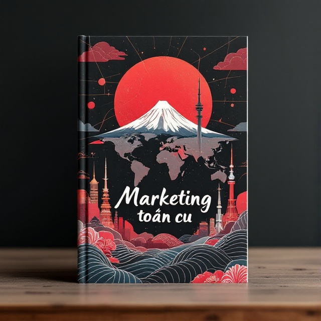 A harmonious blend of iconic global landmarks such as Mount Fuji, Skytree, Tokyo Tower, and a stylized Earth in the backdrop, with elements of traditional Japanese patterns subtly integrated. The foreground consists of flowing lines symbolizing global connectivity and movement, enhancing the feeling of a worldwide network. A hint of abstract advertisement posters can be seen, symbolizing the essence of international marketing.
