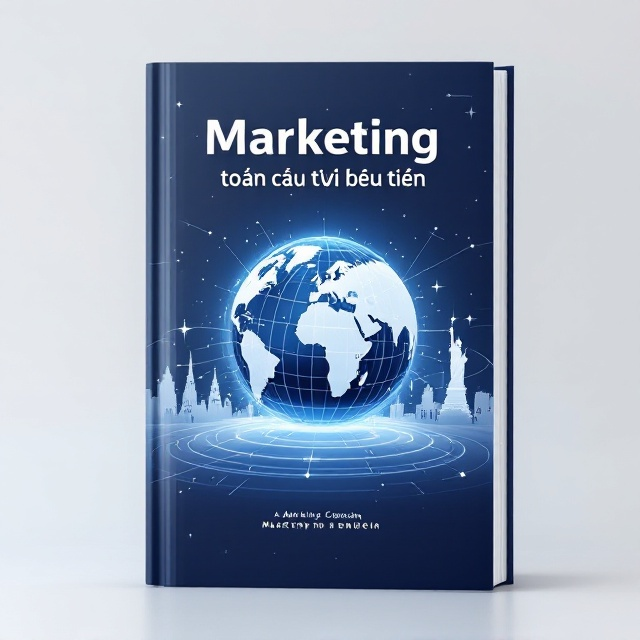 The cover features a modern and dynamic composition with a large, stylized globe at the center, symbolizing the global aspect of marketing. Radiating lines from the globe represent connectivity and advertising pathways. The background is a gradient of deep blue transitioning to white, suggesting professionalism and a sense of depth. Subtle imagery of world landmarks, like the Eiffel Tower and the Statue of Liberty, silhouettes in the background to signify global reach.