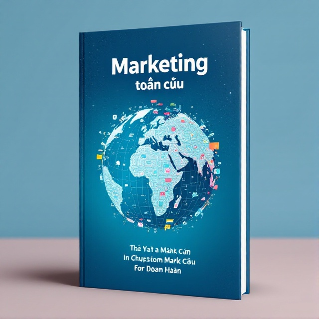 The cover features a stylized globe in the center, with continents depicted with various icons representing diverse marketing tools and symbols. The background is a gradient of vibrant colors moving from dark blue at the edges to lighter blue shades near the center to symbolize a world of opportunities in marketing.