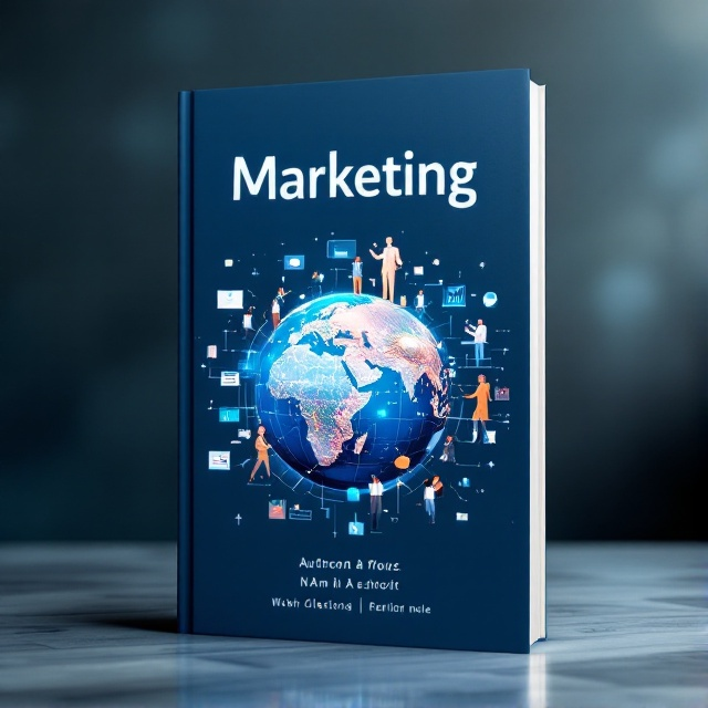 standing book mockup, Its title is "Marketing". Its author name is  小田部 正明　栗木 契　太田 一樹 .  A globe in the center with various marketing symbols like graphs, charts, and digital screens subtly integrated into the continents. Around the globe, faded images of diverse professionals in suits are engaged in marketing activities. The background is a blend of cool blues and greys, symbolizing professionalism and global reach. The title "Marketing" is prominently displayed in bold stylized letters in the upper third portion, suggesting authority and impact. The title "Marketing" in a modern, bold sans-serif font, with high contrast and clean lines. The authors' names written in a sleek, smaller sans-serif font to maintain the professional look., The title at the top, centered, with the globe and symbolic elements in the middle. The authors' names are neatly placed at the bottom, slightly spaced out to ensure clarity and balance.