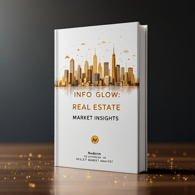 The cover features a sleek modern skyline stretching across the top, with abstract graphs and charts gently fading into the white background, creating a sense of depth. Golden accents subtly underline specific areas of the skyline and charts, enhancing the perception of value and exclusivity. Real estate icons like small houses and buildings are integrated into the lower part of the design, complementing the business theme.