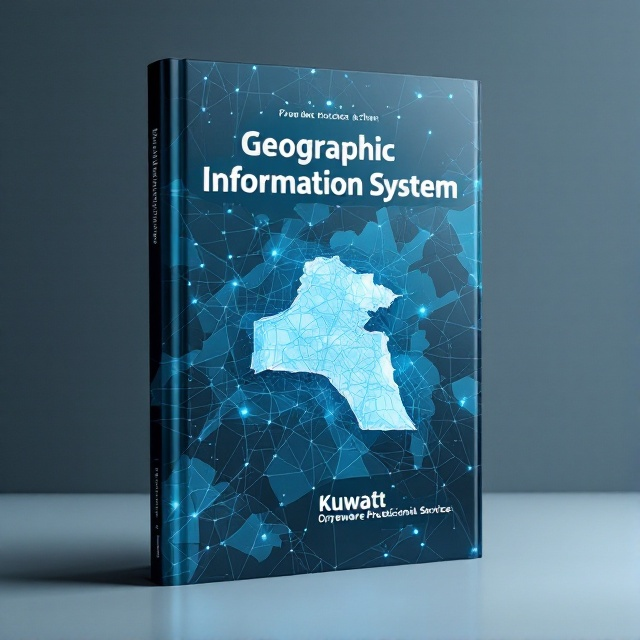 A detailed map design covers the entire front, showcasing topographical layers and satellite imagery in varied blue and green hues, reflective of earth's geography. At the center lies a sleek silhouetted outline of Kuwait, subtly transparent to allow layers beneath to show through. In the background, interconnected lines and nodes symbolize the digital network and GIS technology.