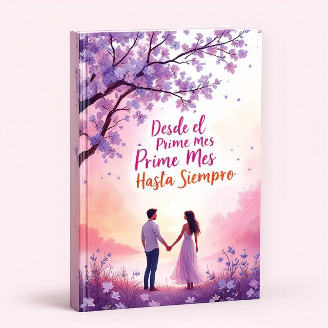 A soft watercolor illustration of a couple holding hands under a blooming Jacaranda tree. The background is a sunset gradient of pink and orange hues, with the tree's purple flowers falling gently around them, evoking a sense of timeless romance.