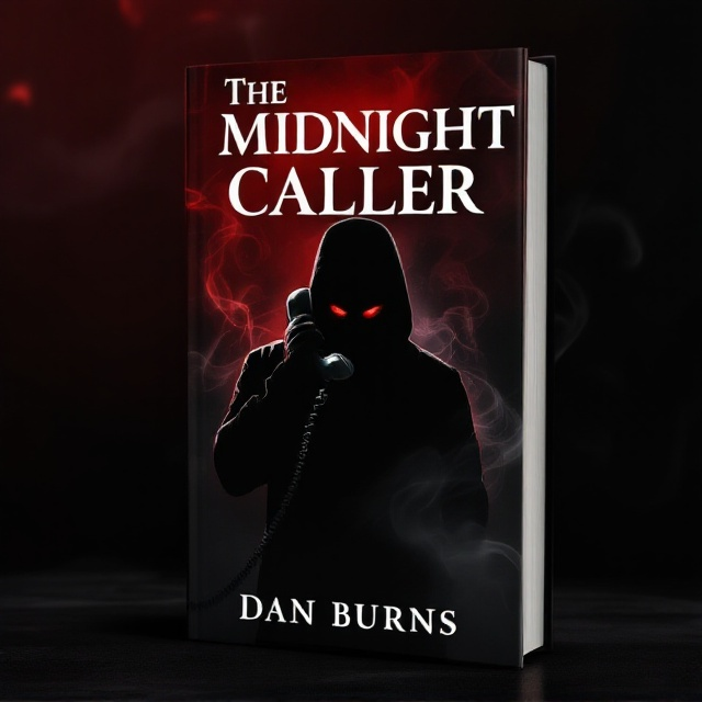 A shadowy silhouette of a man with an unsettling smirk, holding a vintage rotary phone to his ear, occupies the center of the cover. The background is a gradient of deep black fading into dark red, giving a sinister and mysterious vibe. Wispy tendrils of black smoke swirl around the figure, suggesting an ominous atmosphere. Red glowing eyes hint above the silhouette, adding to the creepiness.