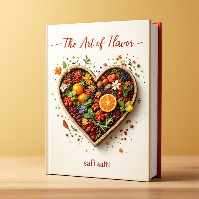 A vibrant and colorful illustration of a heart-shaped dish filled with assorted spices, herbs, and fresh ingredients, centered against a light, warm background. Intermixed within the dish are elements of nature, like small flowers and leaves, exuding an aura of love and happiness. The surrounding area includes faint watercolor splashes of various hues reminiscent of culinary delights.