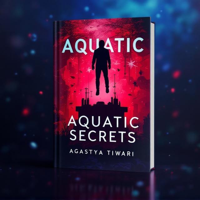 A striking image of an underwater research lab silhouetted against a mysterious red and purple backdrop. Suspended above the lab is a shadowy, indistinct figure, blending into the murky waters. Around the lab, fish and marine life dart in blurred motion, giving a sense of depth and life. In the foreground, faint outlines of bubbles rise, creating an ethereal sense of movement and intrigue.