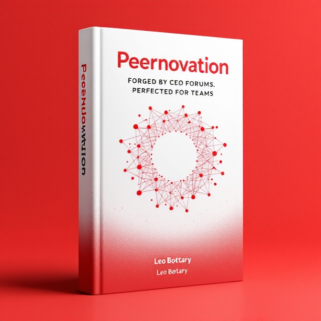 standing book mockup, Its title is "Peernovation: Forged by CEO Forums. Perfected for Teams". Its author name is Leo Bottary.  The cover features a dynamic interconnected network of geometric nodes and lines forming a circle that symbolizes collaboration and teamwork. The circle is placed centrally on a clean white background. Red, being the primary color, is used for accents within the nodes and lines. The bottom half of the cover fades into a light gradient red, evoking energy and enthusiasm. The book title is displayed in a modern sans-serif font with bold weight for emphasis, using red for the keywords "Peernovation" and "Teams." The author's name, Leo Bottary, is placed beneath the title in a lighter, smaller sans-serif font in black., The title occupies the upper third of the cover, centrally aligned while the author's name is just below it. The visual network icon serves as the focal point in the middle of the cover, with a gradient blending into the lower section.